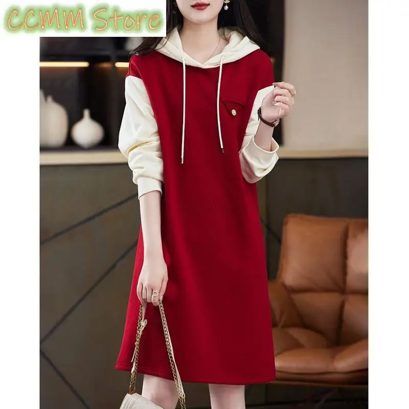 

Fashion Hooded Spliced Loose Fake Two Pieces Casual Dresses Female Clothing Autumn Oversized Korean Mini Dress