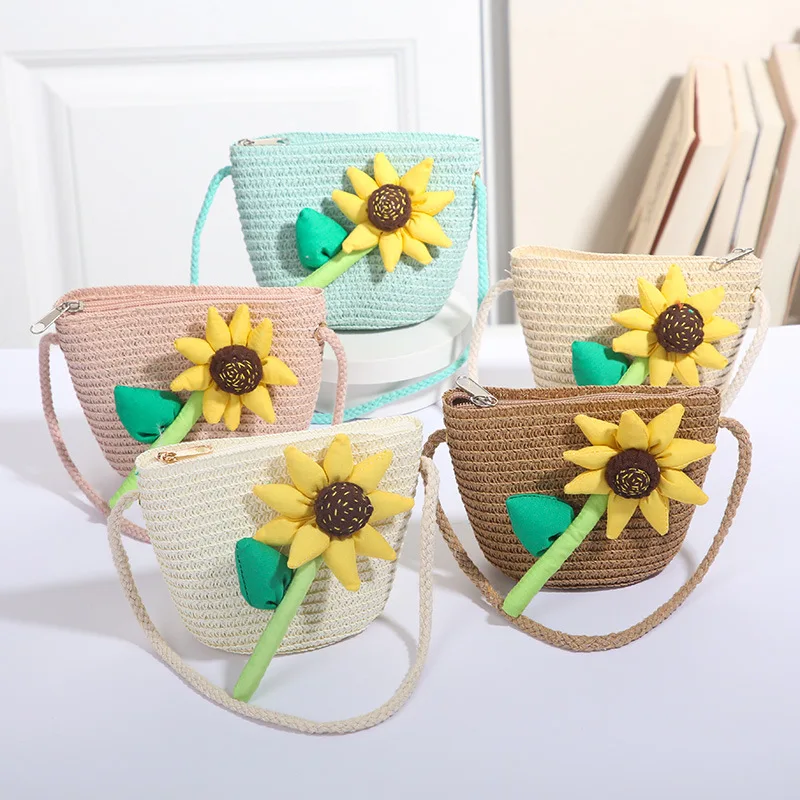 Lovely Children's Summer Straw Shoulder Bag Sweet Bow Girls Princess Small Crossbody Bags Cute Kids Flower Coin Purse Handbags