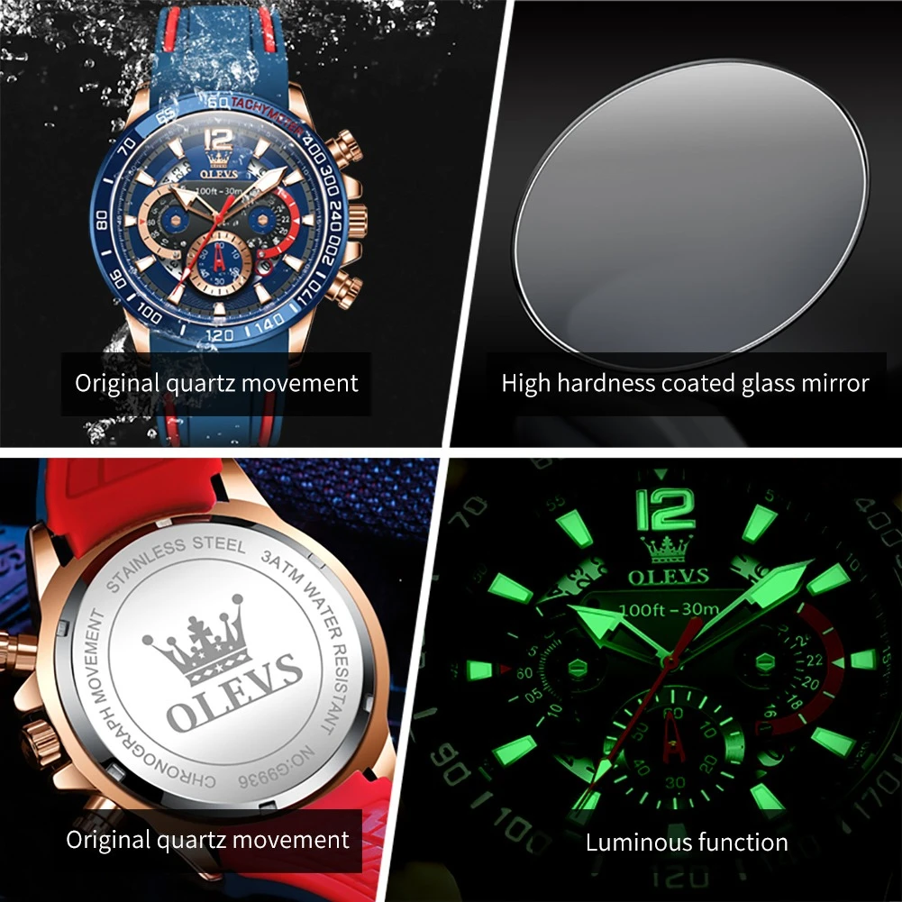 OLEVS 9936 Sport Quartz Watch Gift Round-dial Silicone Watchband Chronograph Calendar Luminous