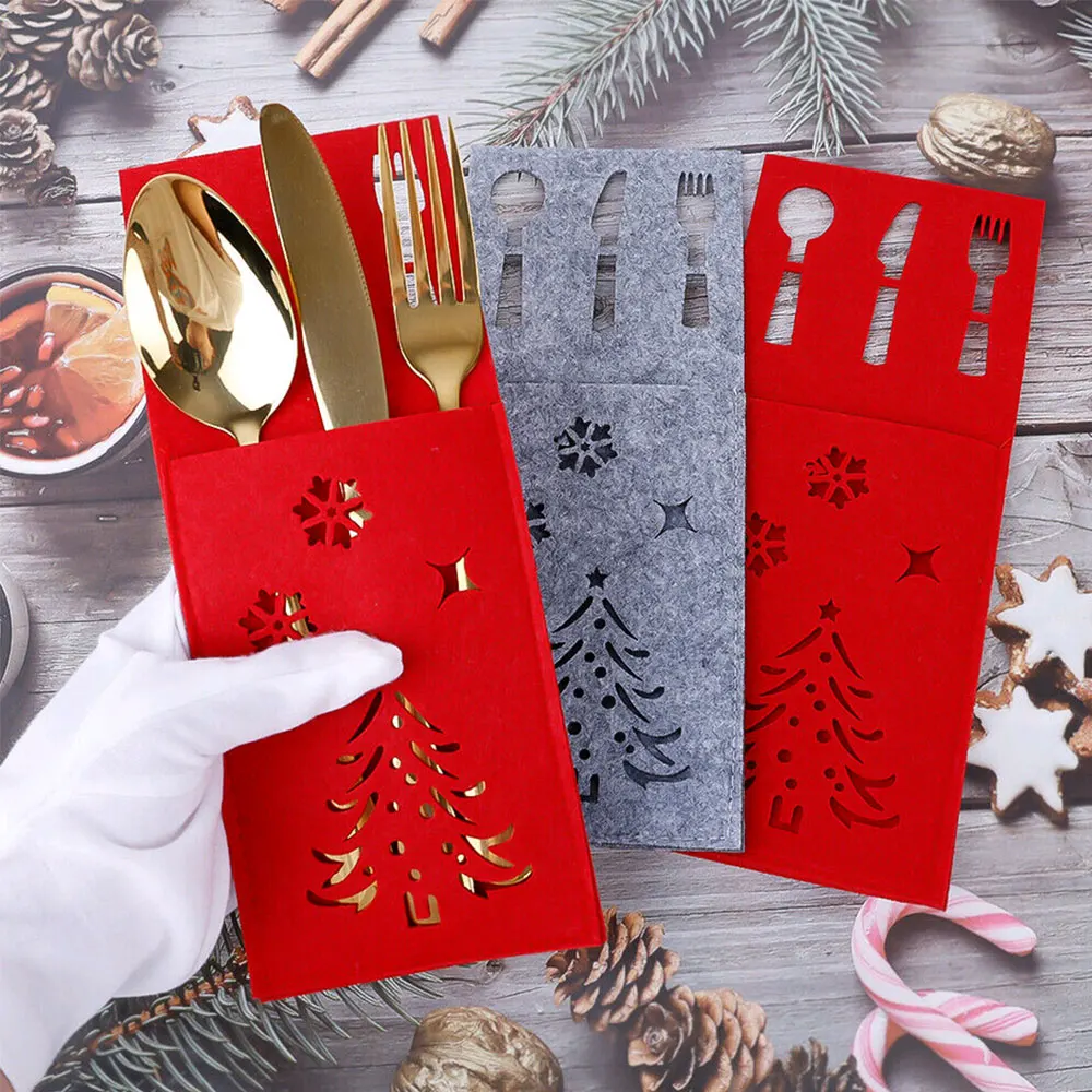 4X Fork Knife Spoon Bags Christmas Cutlery Bag Xmas Tree Hollow Pattern Pocket New Year Decoration Kitchen Tableware Organizer