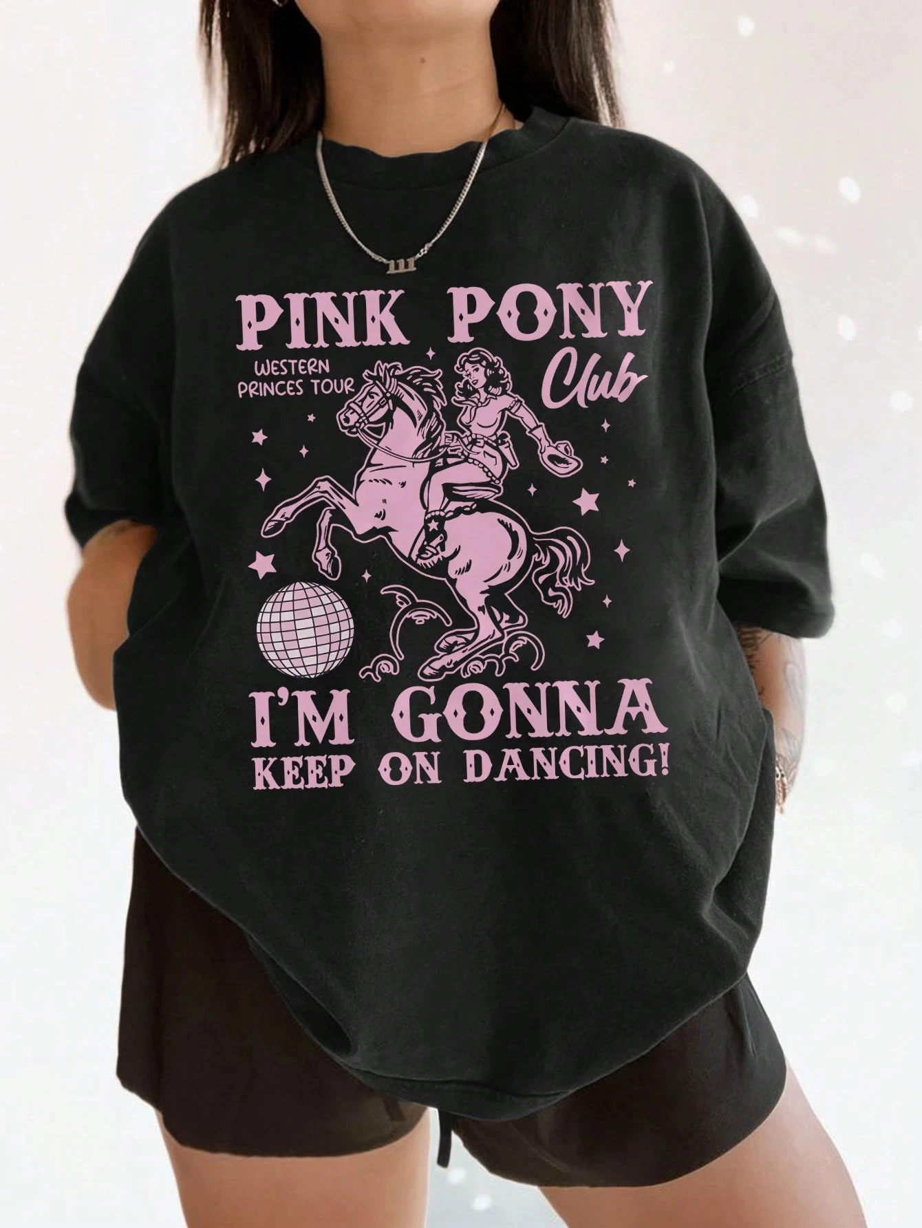 

Pink Pony Women's Cowgirl Graphic T-Shirt Loose round Neck Short Sleeve 'I'm Gonna Keep on Dancing' Casual Vintage Western Top