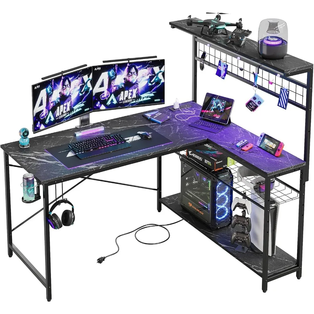 

Gaming Desk with Power Outlets Shelves, Reversible Gamer Table Hooks Cup Hooks Cup Holder for Home Office Marble