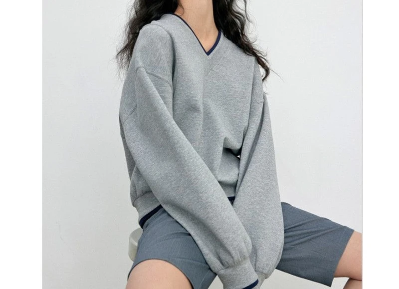 Retro Contrasting Color Temperament Lazy Style V-neck Hoodie Autumn and Winter with Thick Velvet Women's Top