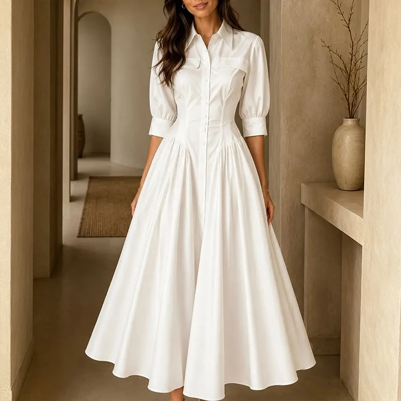 BKLD Women's Cotton Linen Blended Single-breasted High Waist Solid Color Turn-down Collar Elegant Fashion Pleated Pocket Dresses