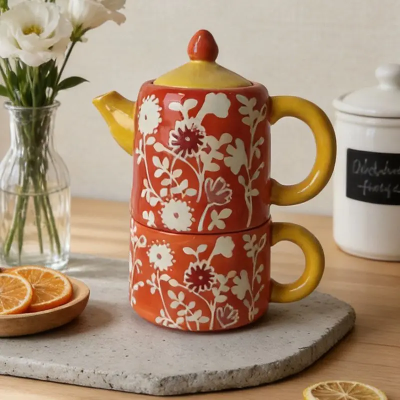Coffee Mother and Child Pot with Lid Teapot Ceramic Engraved Dandelion Afternoon Tea Coffee Cup Set Household Goods