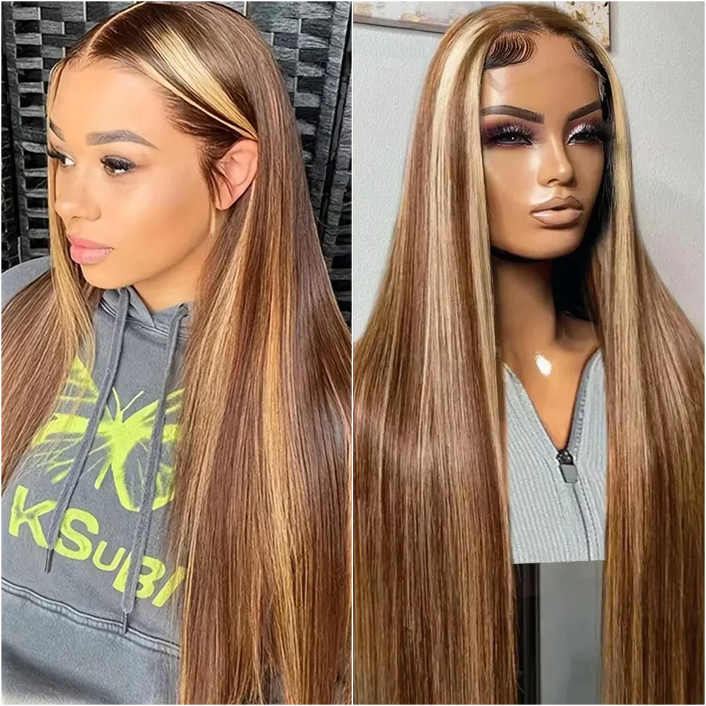 

Highlight Lace Front Wig #4/27 Straight Brazilian Human Hair 13x6 and 13x4 HD Lace Frontal Wig PrePlucked Blonde Human Hair Wigs
