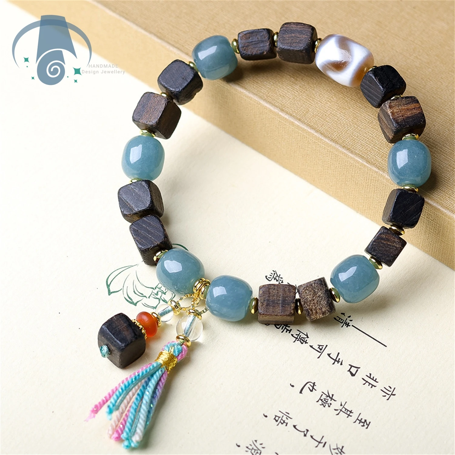 Meditation Yoga Bracelets Tarakan Agarwood Square Beads Blue Water Jade Tiger Tooth Dzi Stones Handmade Stress Relief Calm Focus