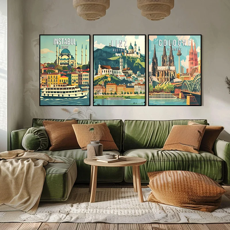 مشهد المدينة الساحلية الشهيرة كولومبيا نيوزيلندا العمارة الرجعية الملصقات قماش لوحات جدار الفن HD صور ديكور المنزل