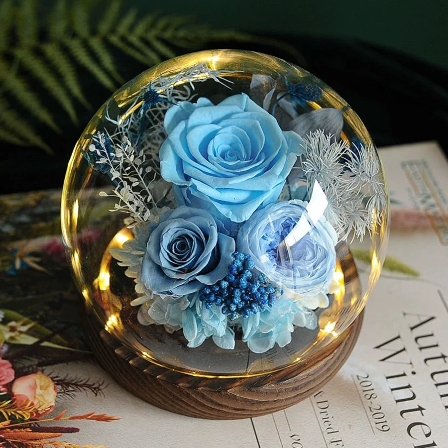 

Preserved Fresh Flower Decorative Glass Balls Blue Real Rose Home Decorations Love and Happiness Rosa rugosa Thunb Women Gifts