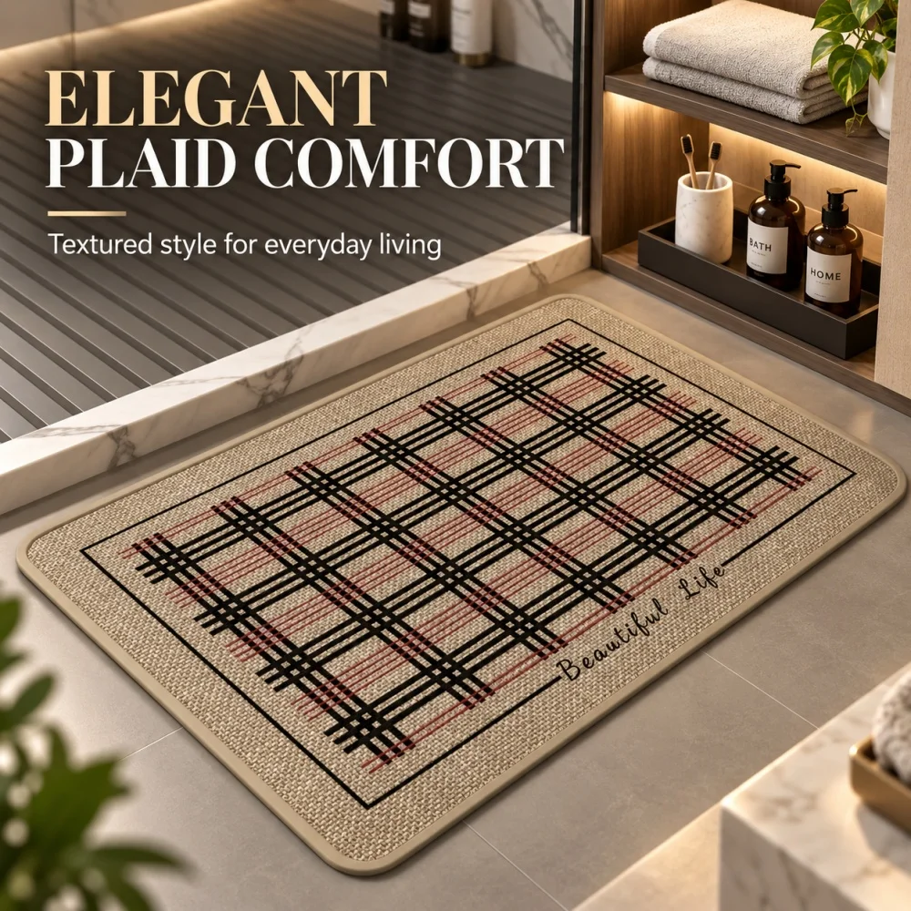 Linen-imitating woven bathroom mat, quick-drying and absorbent, simple design with anti-slip foot pads.