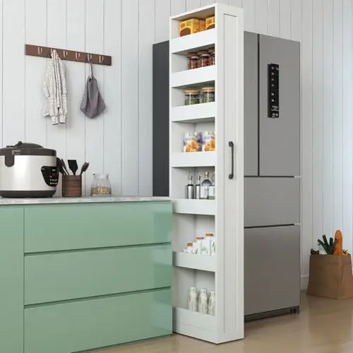 7 Tier Slim Storage Cart, Rolling Spice Rack Next to Fridge Slim, Wooden Narrow Buffet Server Storage Shelf