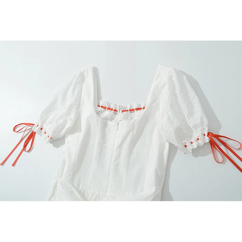 Jastie Hollow Out เย็บปักถักร้อยดอกไม้สีขาวชุดผู้หญิงวินเทจพัฟแขนโบว์ Sashes A-Line ชุดเดรสฤดูร้อนสั้น Holiday Robe