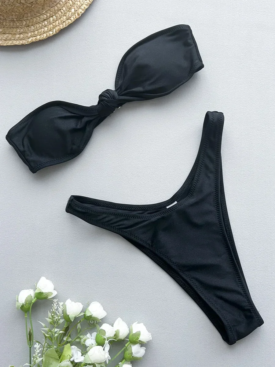 

Сексуальный комплект бикини с завязками спереди и бантом, женский черный бюстгальтер-бандо с эффектом пуш-ап, микро купальник 2024, пляжный купальный костюм, стринги, купальник Biquini