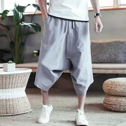 3/4 Men Pants Drop Crotch High Waist Baggy Cropped Trousers Men Harajuku Harem Pants Summer Cotton Linen Joggers Pants