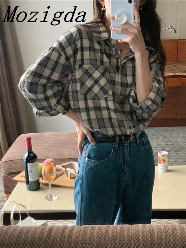 Spring Summer Ladies Blouses Shirts Tops Checkered Wild Pockets Vintage Chic Oversized Korean Fashion Women