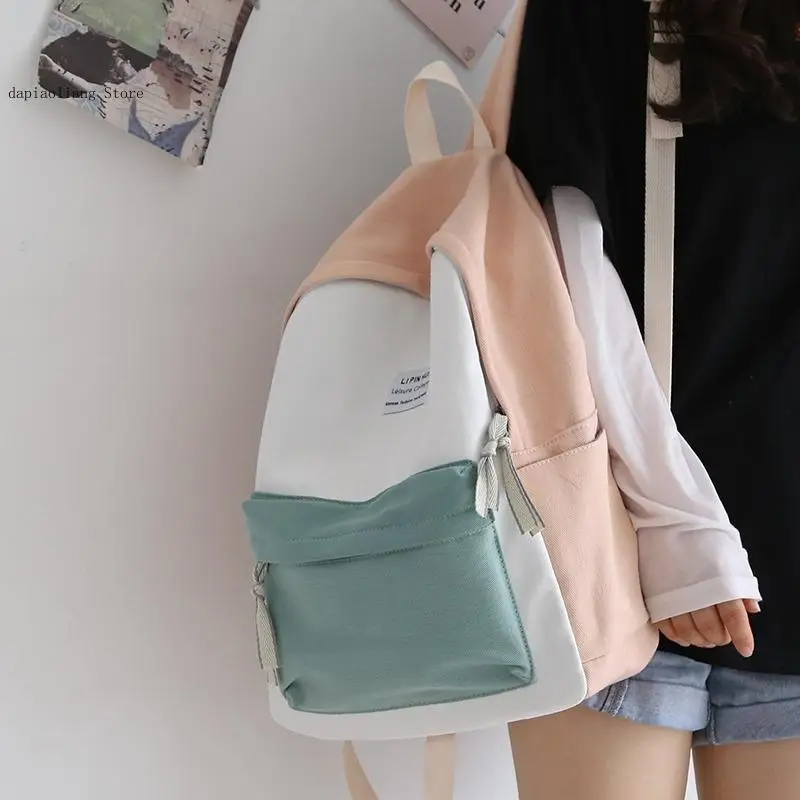 Color-Block Canvas Backpack Teenage Girls Casual Women Shoulder School Bag Daily Campus Commute Casual Outings