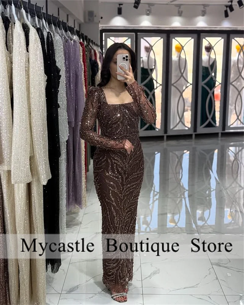 

Luxury Sparkle Beaded Lace Evening Dresses 2025 Saudi Arabia Long Sleeve Prom Dresses Formal Occasion Dress Customized