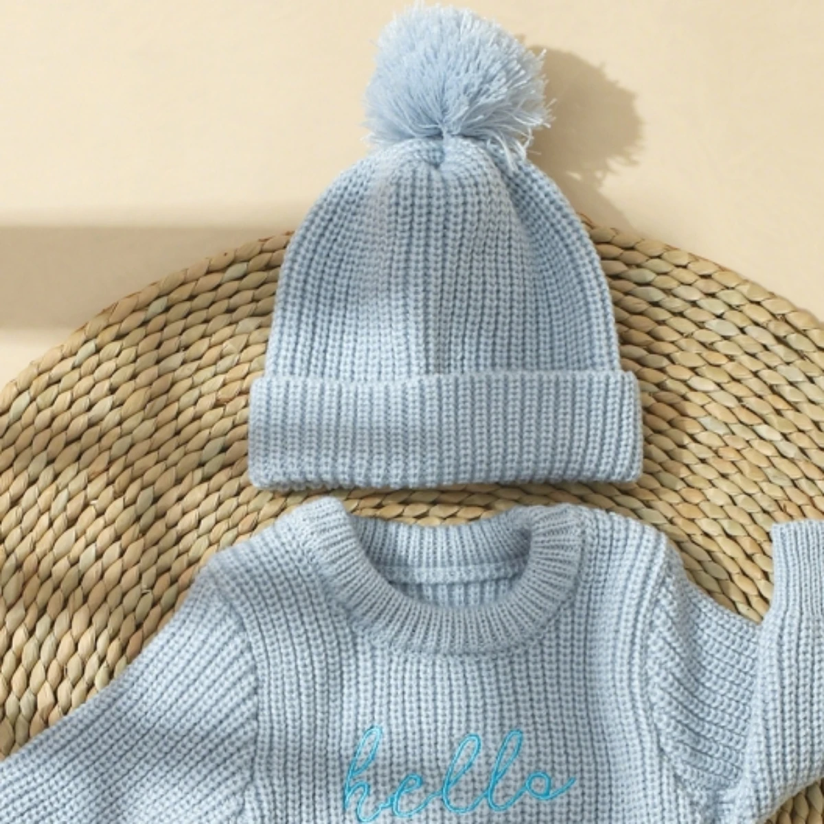 Ylsteed Hello World Knitting Newborn Photography Romper with Matching Pomp Hat Baby Boy Girl Sweater Outfits for Photo Shooting image 6