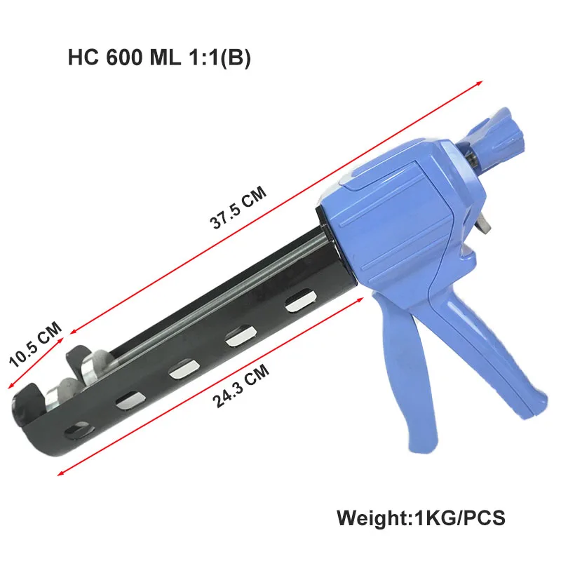 Manual 600ML 1:1 Two Component Caulking Gun Double Cartridges Silicone Glue Gun Hand Blue Stainless Steel Injection Cutting