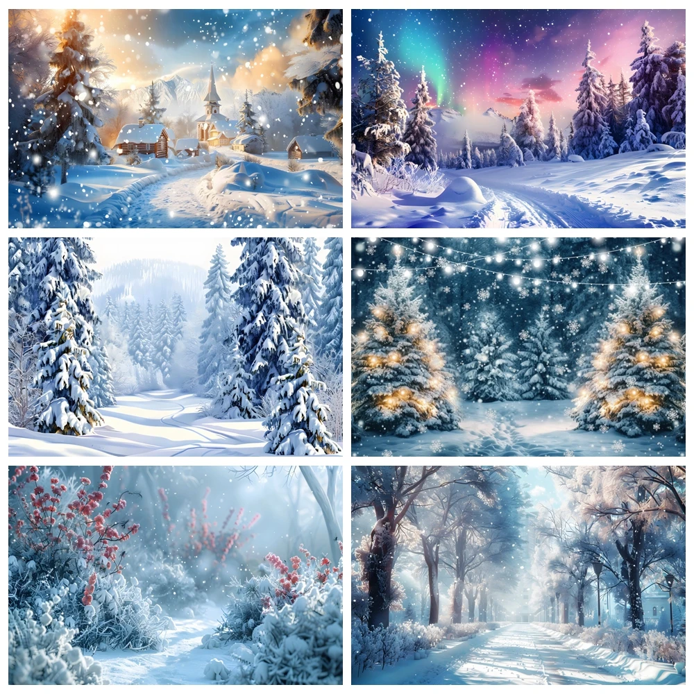 Christmas Winter Snow Scene Backdrop White Snowy Forest Tree Mountain Aurora Kids Portrait Photography Background Photo Studio