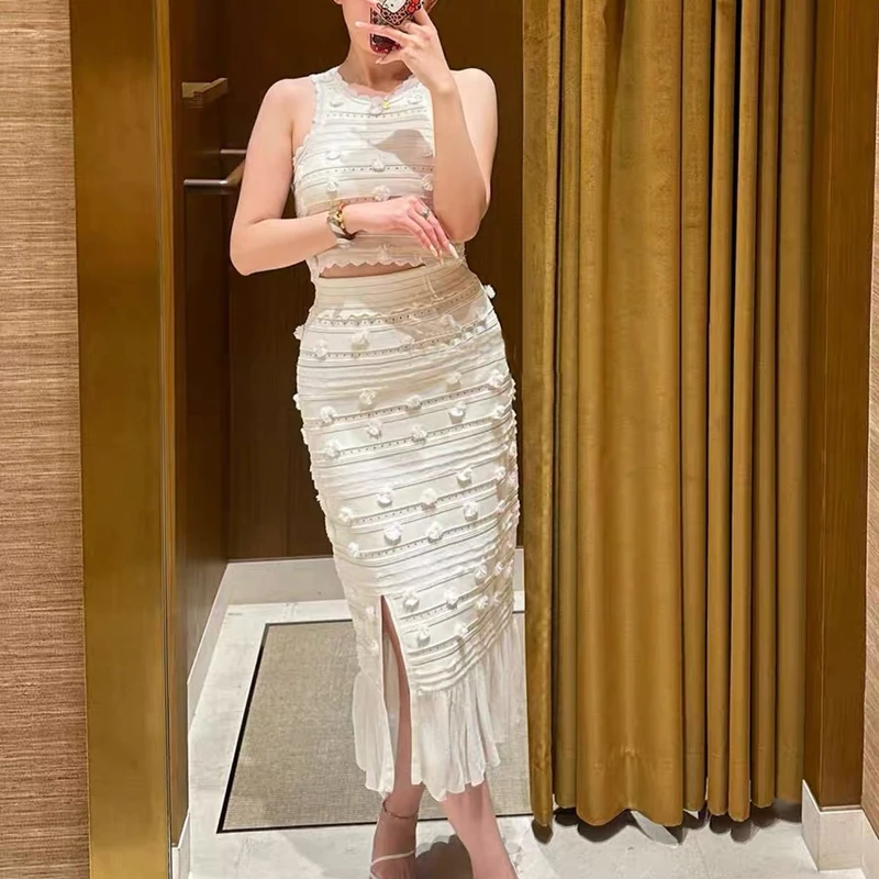 

S Home Summer Faion Floral Hollow out Bal Vaion round Ne Svel Knitted Vest Skirt Set Women's Premium Faion