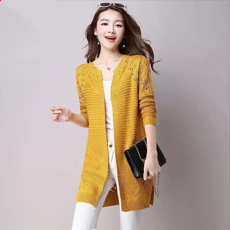 Women Knitted Hollow Out Long Sleeve Cardigan Sweater Autumn Ladies Tops Casual Crochet Cardigans Knitwear Female Clothes G2717