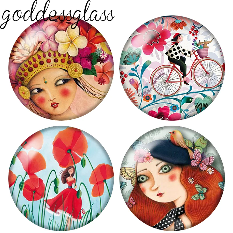 Drawing style Flowers Girl ethnic Girls 10pcs 12mm/18mm/20mm/25mm Round photo demo glass cabochon flat back Making fittings