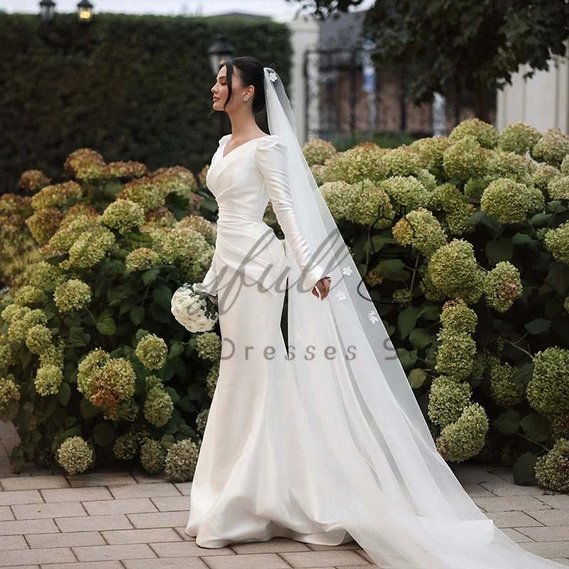 Ottotre abiti da sposa a sirena bianca Arabia Saudita manica lunga scollo a V abito da sposa in raso abiti da ballo da donna personalizzati