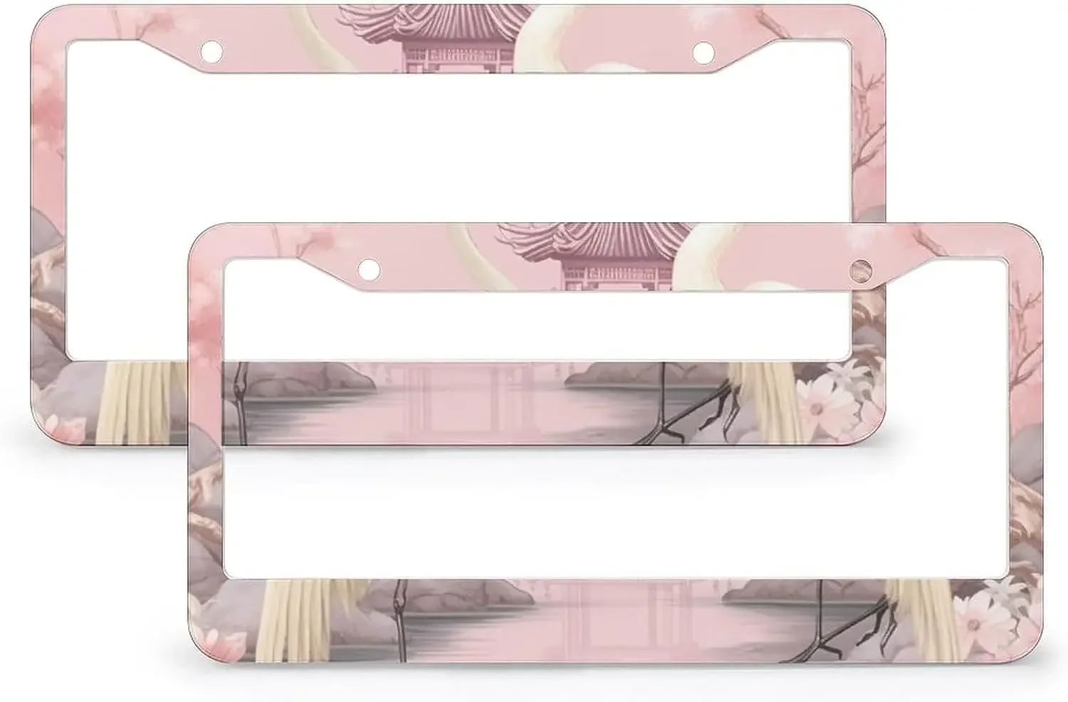 Chinoiserie Light Pink Pagoda and Cranes Car Tags Frames Holder 2 Pack Chinoiserie Chic Asian License Plate Cover 6.3X 12.3 Inch