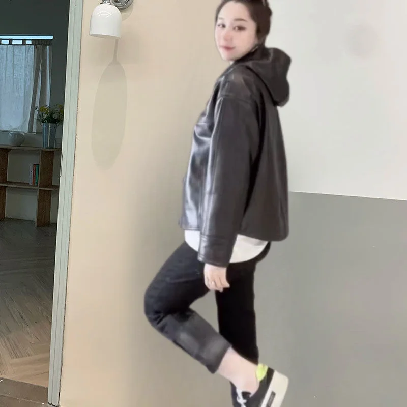 세련된 캐주얼 후드 블랙 가죽 자켓 아웃웨어 여성 봄 가을 새로운 올 매치 루즈 쉘 에디션 코너 버클 코트 탑