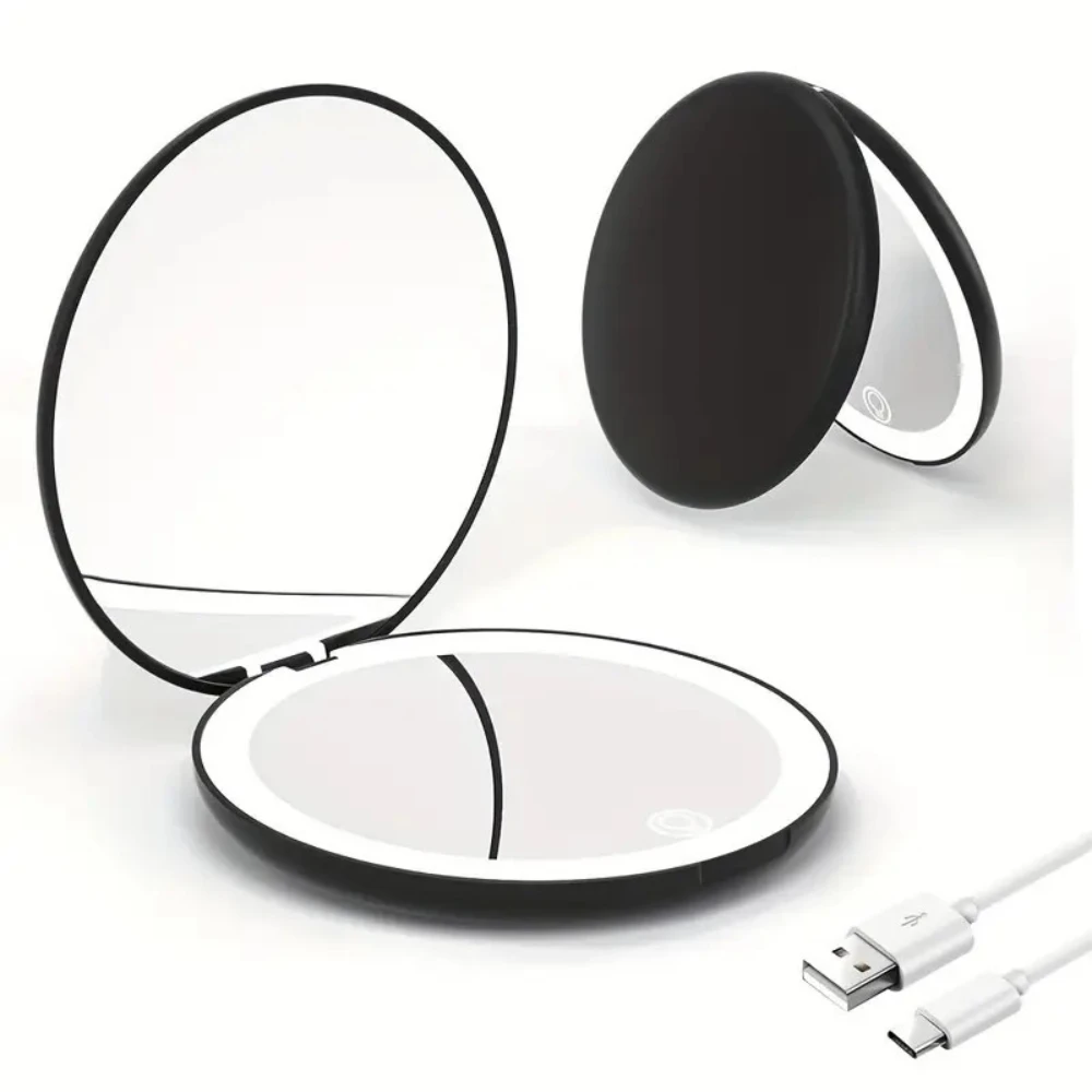 

Rechargeable LED Makeup Mirror with 2X/5X Magnification, Adjustable Brightness, Compact Foldable Design for Travel, Home, Purse,