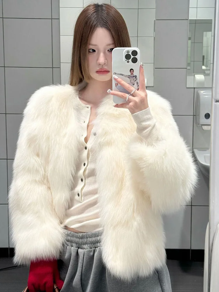 

Women Sweet Faux Fox Coat Slim Elegant Long Sleeve Winter Warm Jacket Vintage Korean Female Faux Fur O Neck Solid Retro Tops New