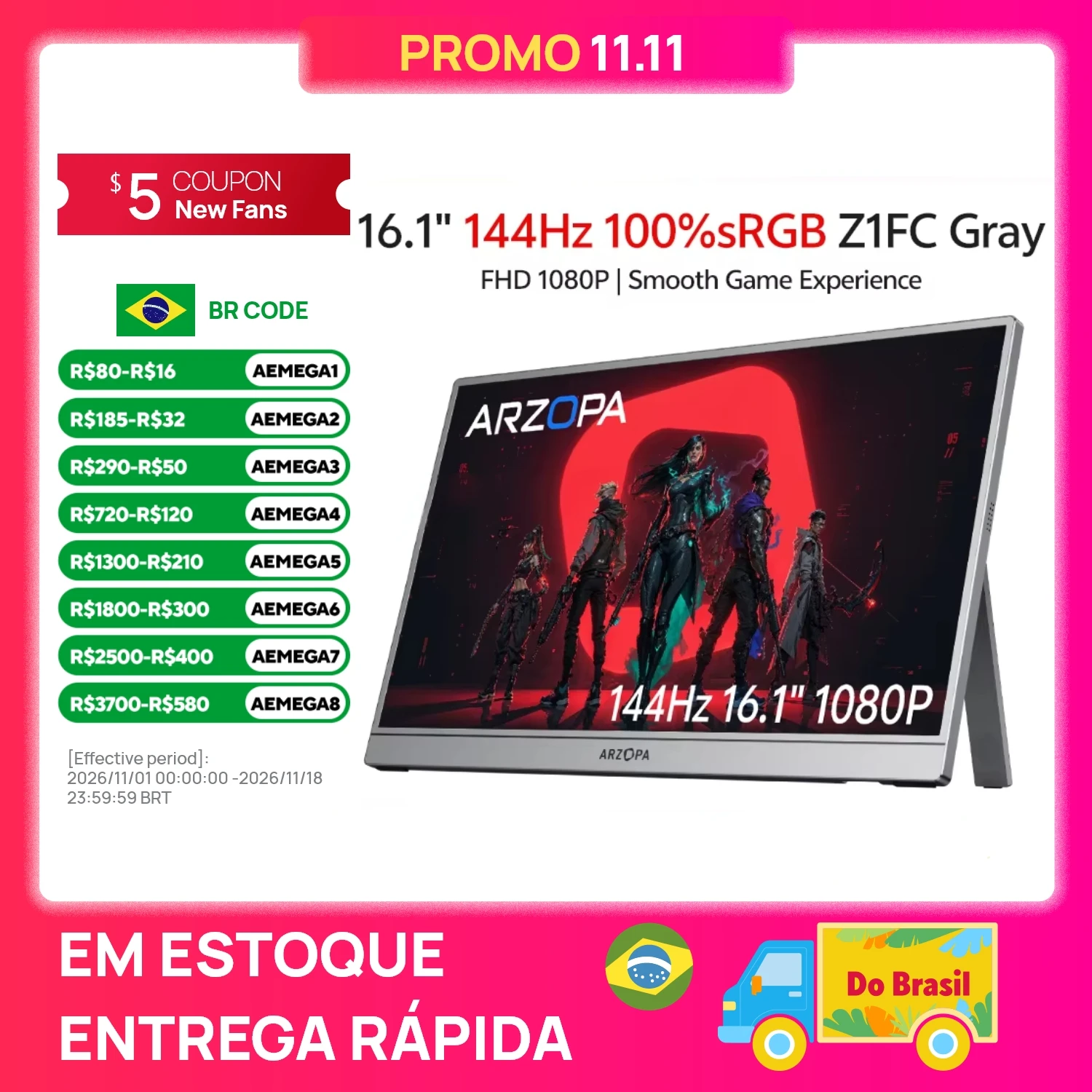 Monitor Gamer Portátil ARZOPA 16.1 polegadas 100% sRGB 144Hz com Display para Laptop, Type C e Mini HDMI para PS4/5, Steam Deck, Switch, PC e Mac