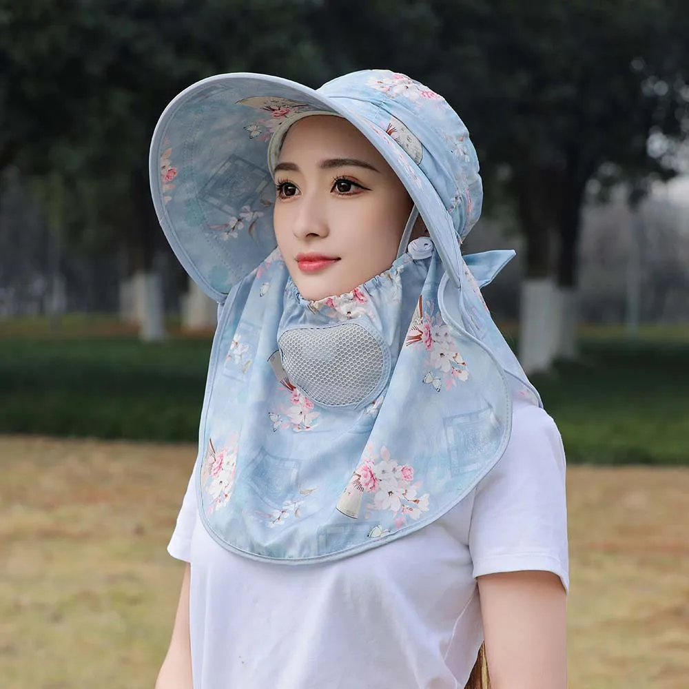 Chinese Style Anti-UV Mask Picking Tea Hat Flower Wide-Brimmed Sunshade Shawl Cap Thin Cotton Neck Protection Hat Jogging