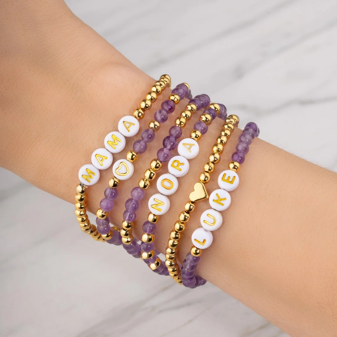 CCGOOD Custom Name Amethyst Beads Bracelet for Women Natural Stone Stackable Stretch Personalized Letter Bracelet  Heart Jewelry