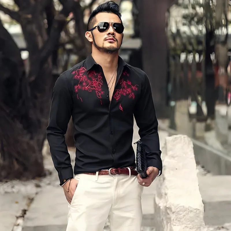 

Men's Slim Fit Black Dress Shirt with Red Floral Embroidery Long Sleeve Casual Party Button Down Shirt