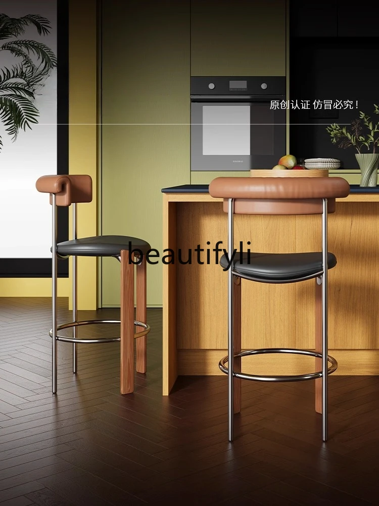 

Designer Vintage Bar Stool Home High Backrest Island Chair Retro Walnut Wood Bar High Stool