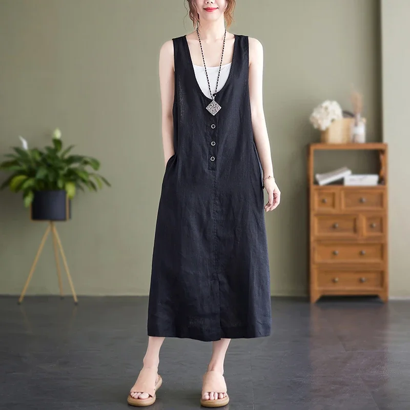 Women Linen Sleeveless V Neck Button Front Loose Straight Midi Dress Bohemian Summer Casual Dress