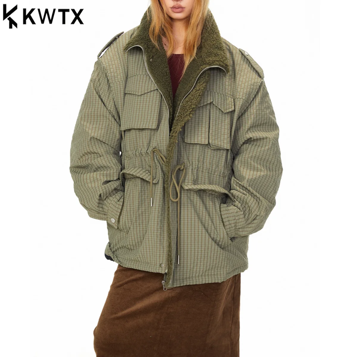 

KWTX Women's Colorblock Workwear Jacket 2025 Winter Drawstring Waist Multi Pocket Thick Cotton Coat Casual Elegant Premium