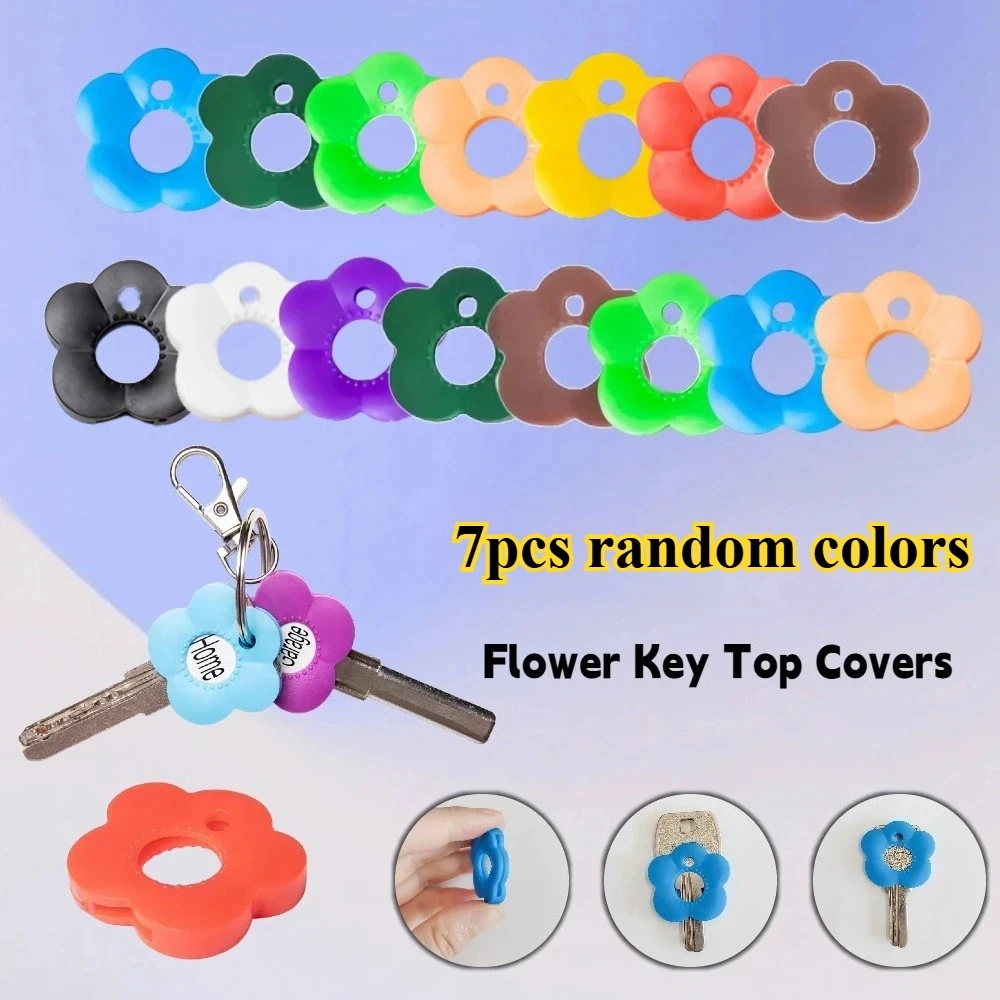 7pcs random colors Silicone Key Cover Set with Labels- Stylish Flower Shape Keychain Covers, Suitable for Home, Office, Mailbox
