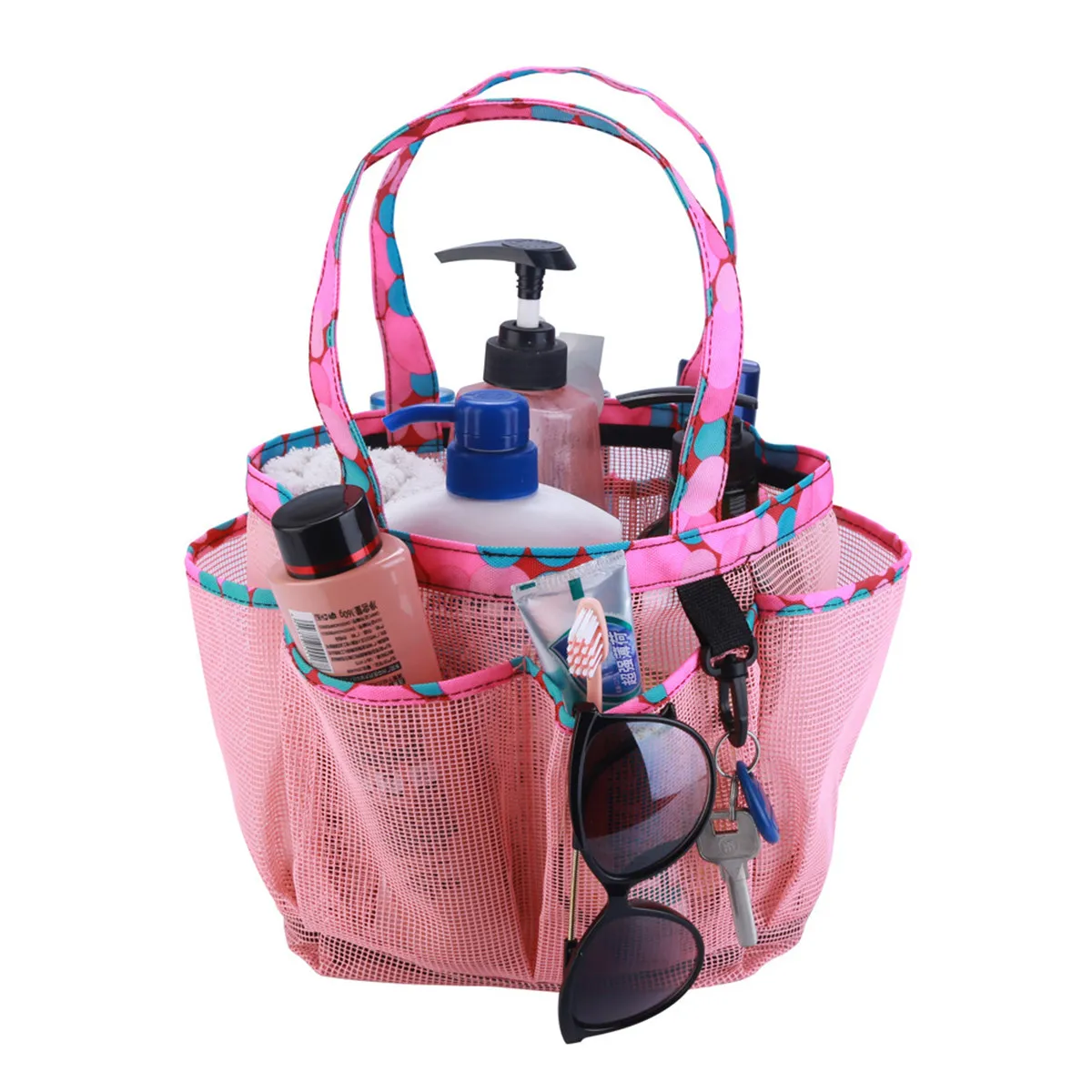 Portable Pink Mesh Shower Tote Bag Large Capacity Quick Dry Waterproof Bath Organizer Hanging Storage Pocket for Shampoo