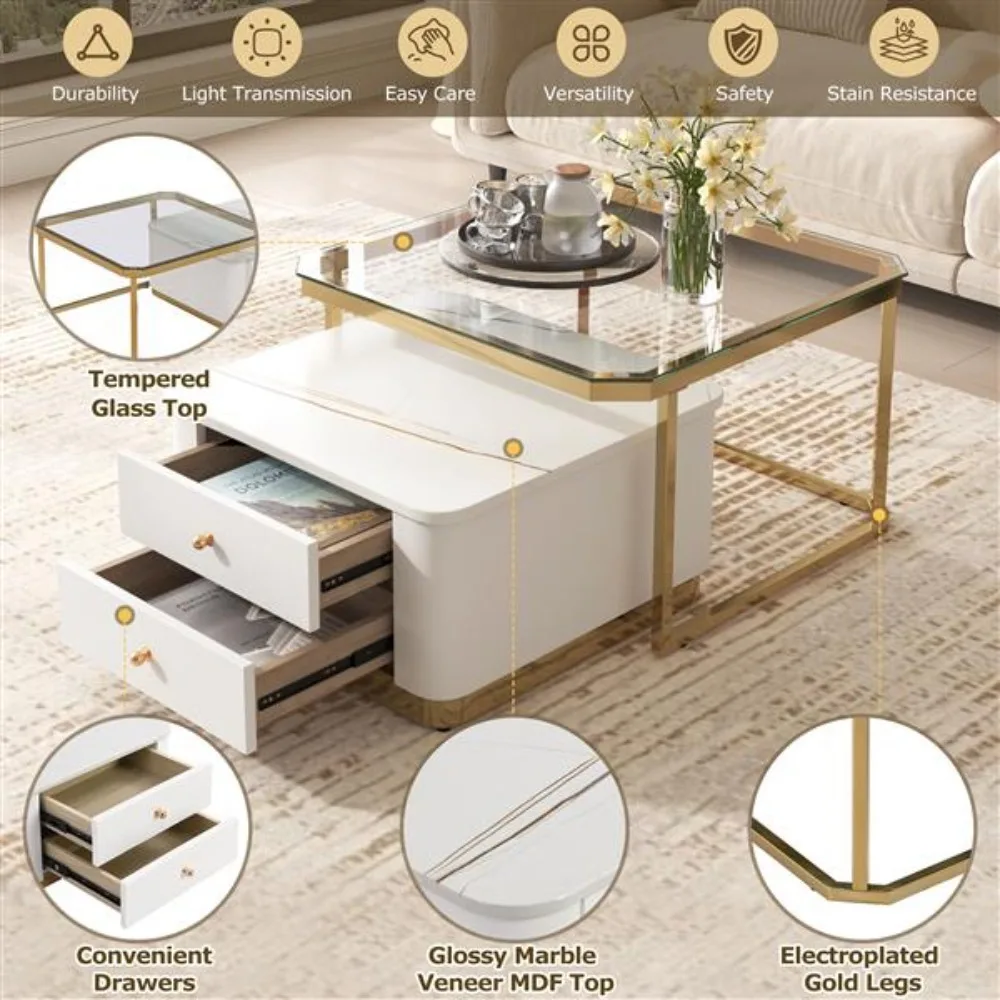 2-in-1 quadratischer, stapelbarer Couchtisch mit Schubladen und galvanisierten Goldbeinen, Marmorkornplatte und braunem gehärtetem Glas