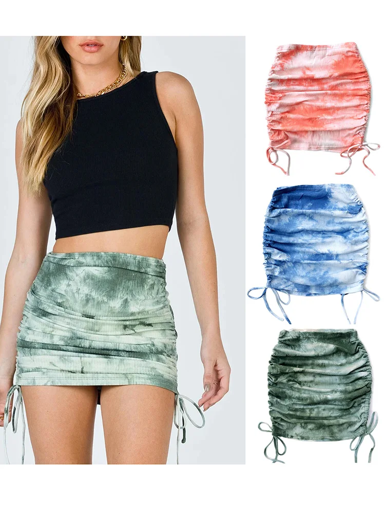 

New Tie Dye Print Sexy Pencil Skirt Women Drawstring Knitted Side Drawcord Elasticity High Waist Adjustable Soft Bodycon