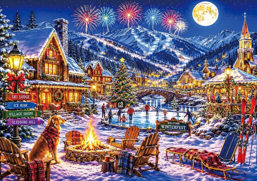500/1000/1200/2000PCS Jigsaw Puzzle Christmas Winter Village Snow Mountain Ice Rink Full Moon Cabin DIY Home Decor Art Gift