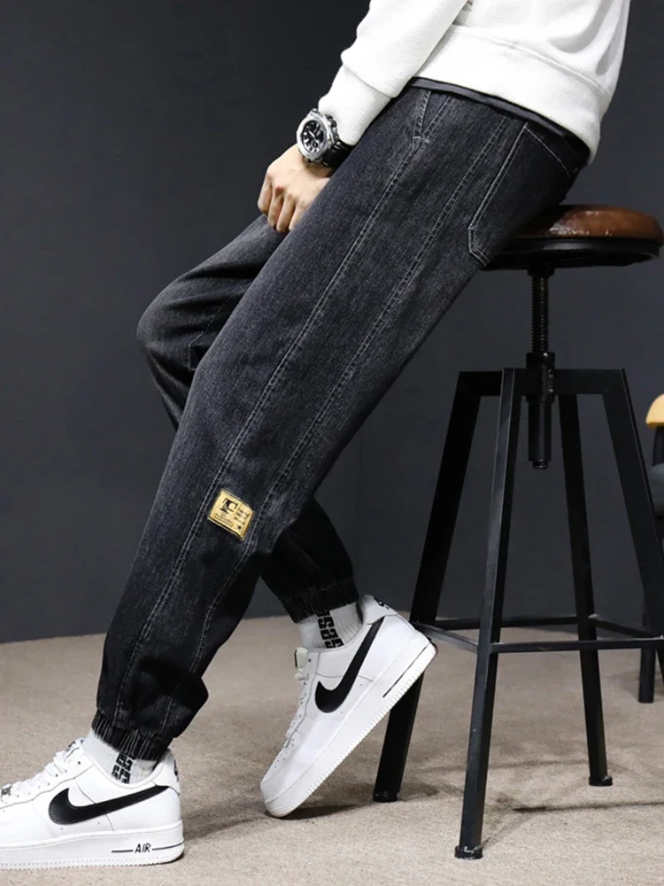 سراويل الرجال المربوطة بالقدم ، الركض الكاجوال ، بنطال رياضي من الدنيم ، بنطلون رجالي ، أزرق ، ملابس رمادية ، جديد ، خريف