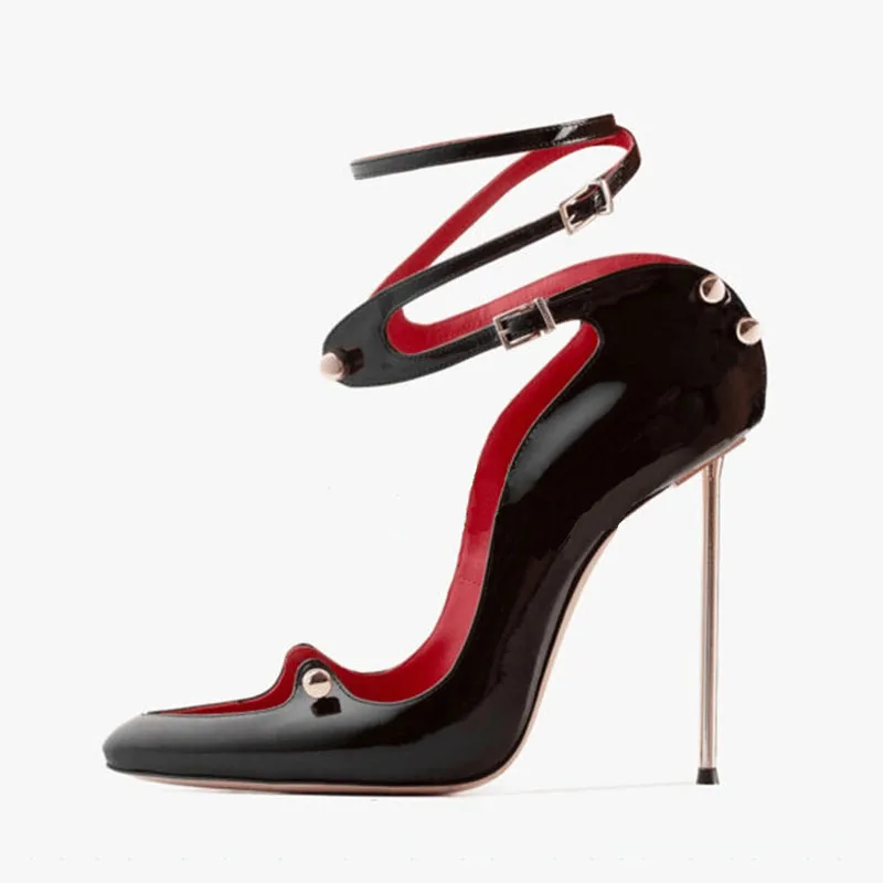 

Arden Furtado Patent Leather Thin heel Ankle strap Pumps Pointed toe Metal buckle Shallow Super high heel Sexy Single shoe