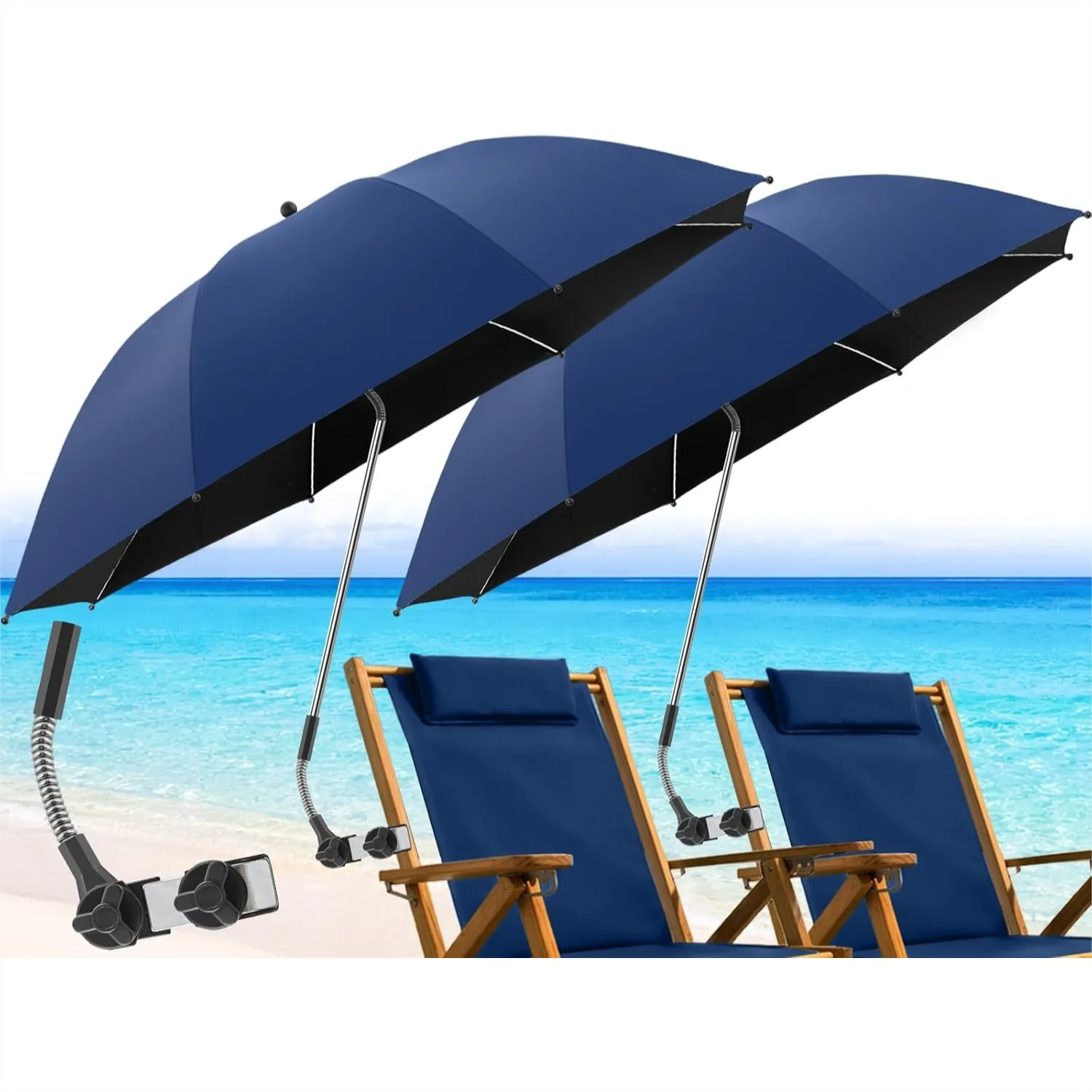 

2 Pack Beach Umbrella with Clamp, 360° Adjustable UPF50+ Umbrella for Chair, Patio, Wheelchair, Camping