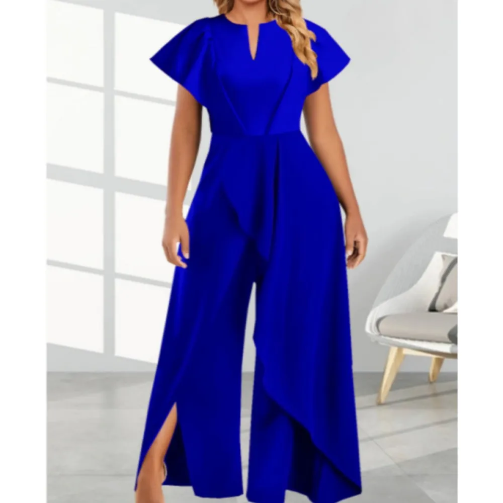 2025 Summer New Elegant Slit Irregular Wide Leg Jumpsuits Women Temperament Commuter Retro Rompers Ladies Skew Collar Jumpsuit