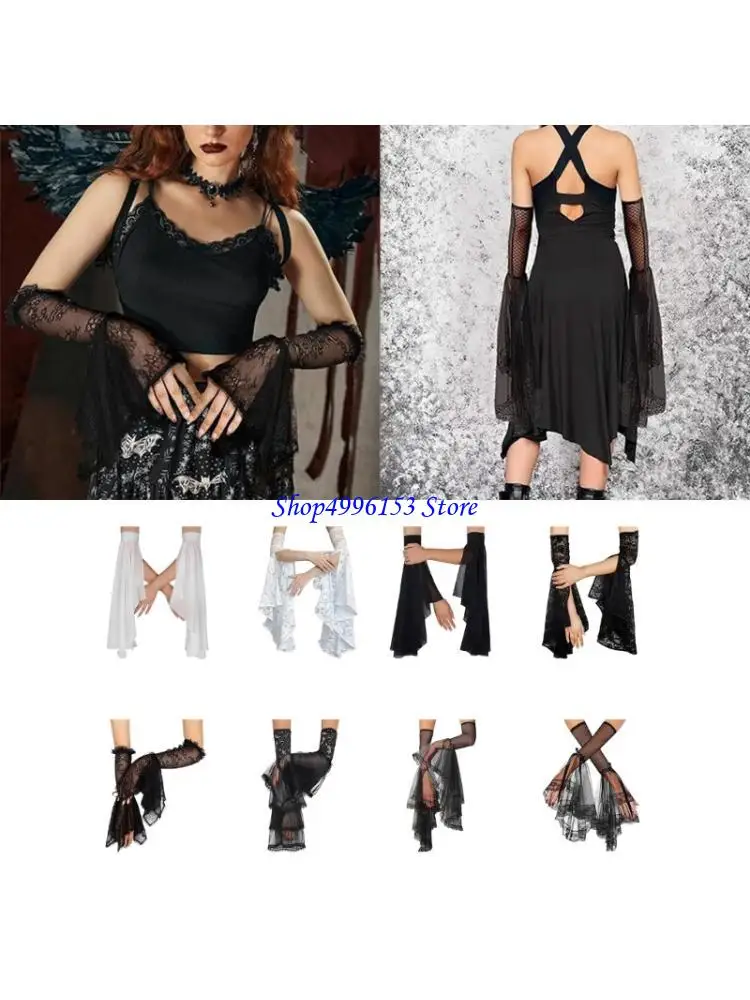 

Q0KE Black White Gothic Gloves With Detachable Lace Sleeves Durable Polyester Material Halloween Stage Performances