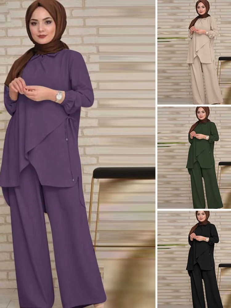 Ensemble musulman 2 pièces pour femme, tenue musulmane, chemisiers à lacets monochromes, pantalons à jambes larges, caftan arabe décontracté pour Ramadan, olympiques Eid, 2024